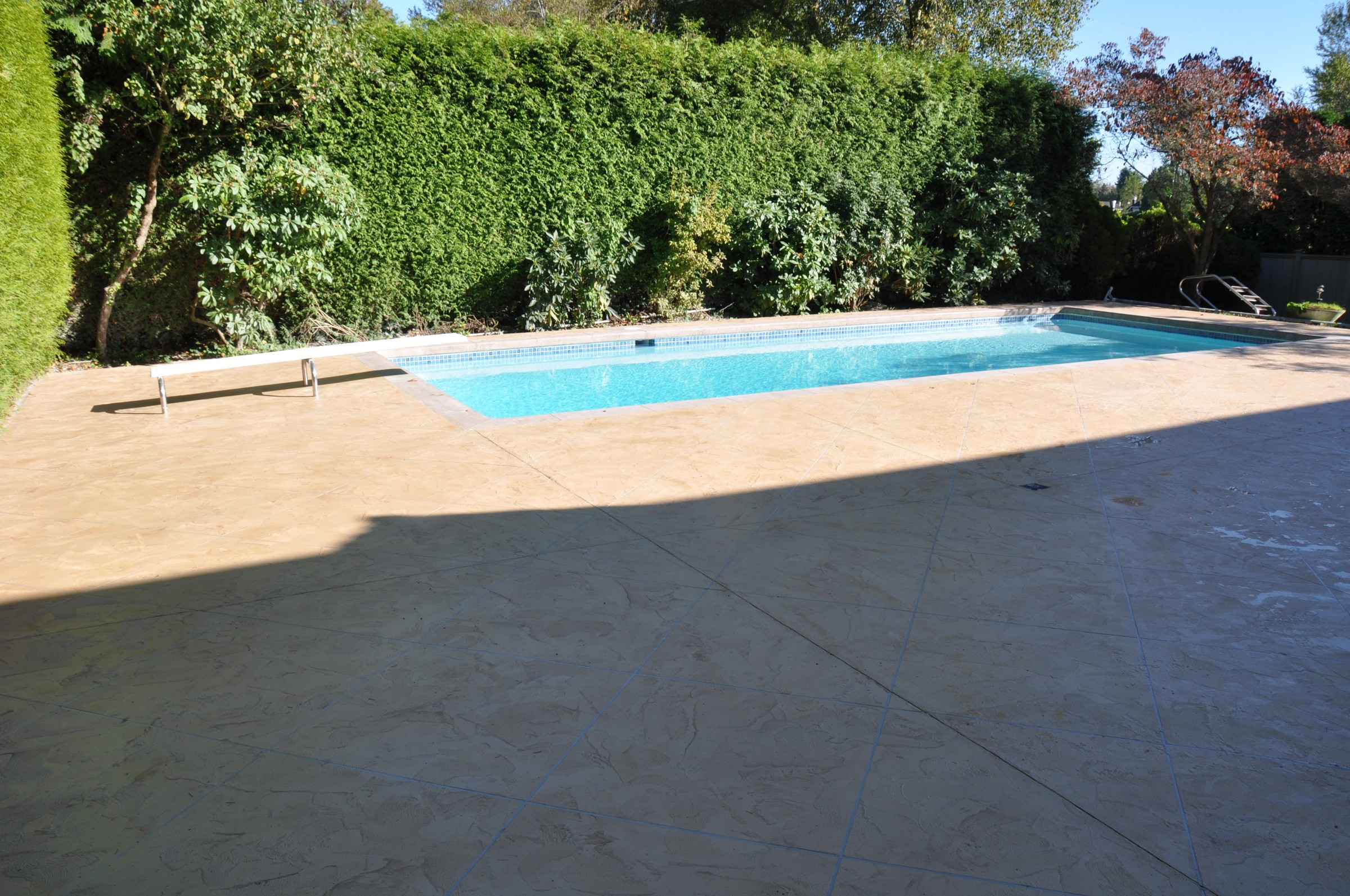 Lap pool with light StoneCraft decking and safety railings
